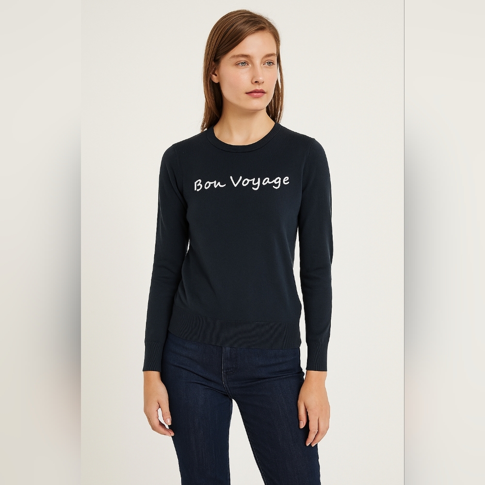 Banana Republic Silk Cotton Knit Bon Voyage Embroidered Sweater S/P BLACK